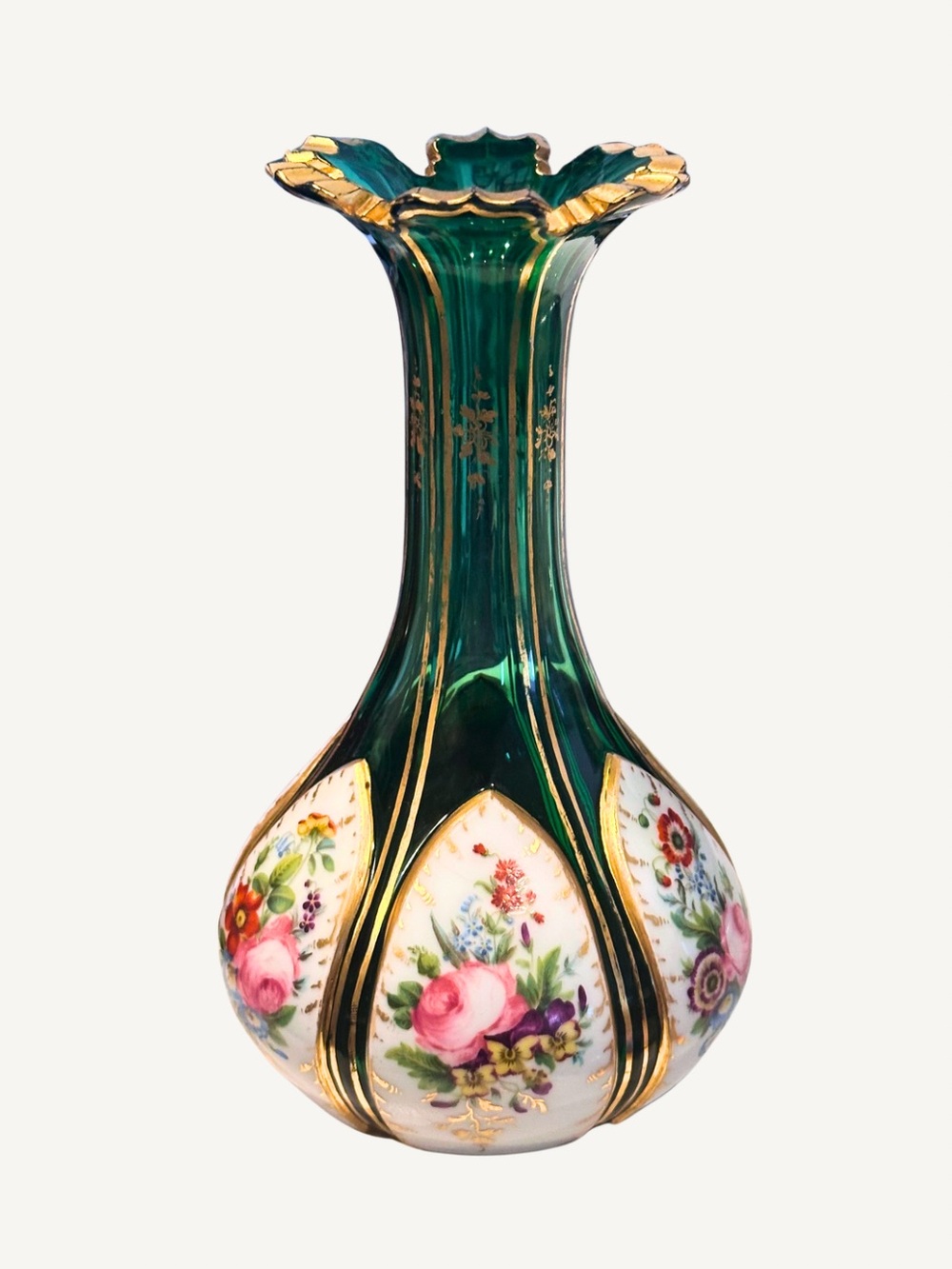 Antique Emerald-Green Bohemian Vase/Decanter with Hand-Painted Floral Cartouches - Picture 3 of 10